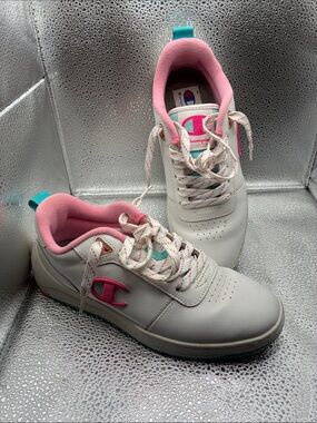 Champion White Sneakers with Pink Accents and Teal Pull Tabs